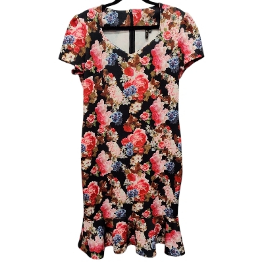 "Miusol" Floral Black & Red Cap Sleeve Ruffle Hem Dress Size 2XL